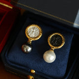 Ancient Greek Retro 925 Silver Coin Pearl Stud Earrings-Type H I