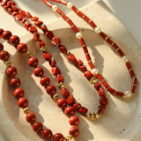 Joyful Red Stone Round Bead and Pearl Bead Beaded Necklace