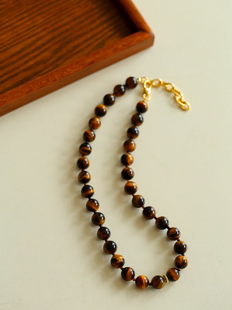 10mm Tiger's Eye Stone Beaded Necklace - floysun