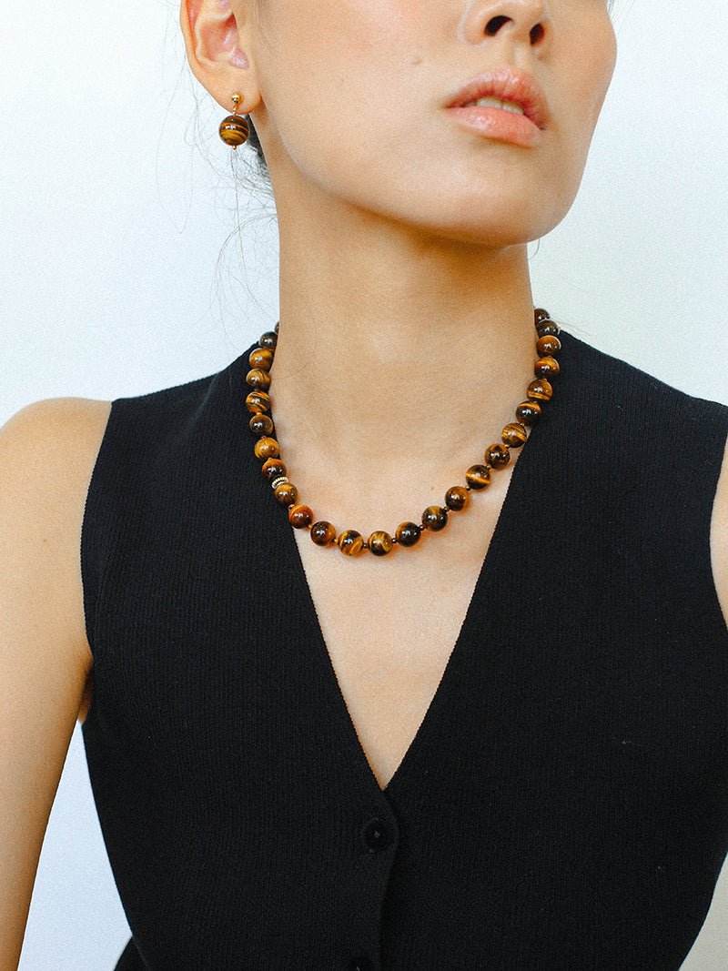 10mm Tiger's Eye Stone Beaded Necklace - floysun