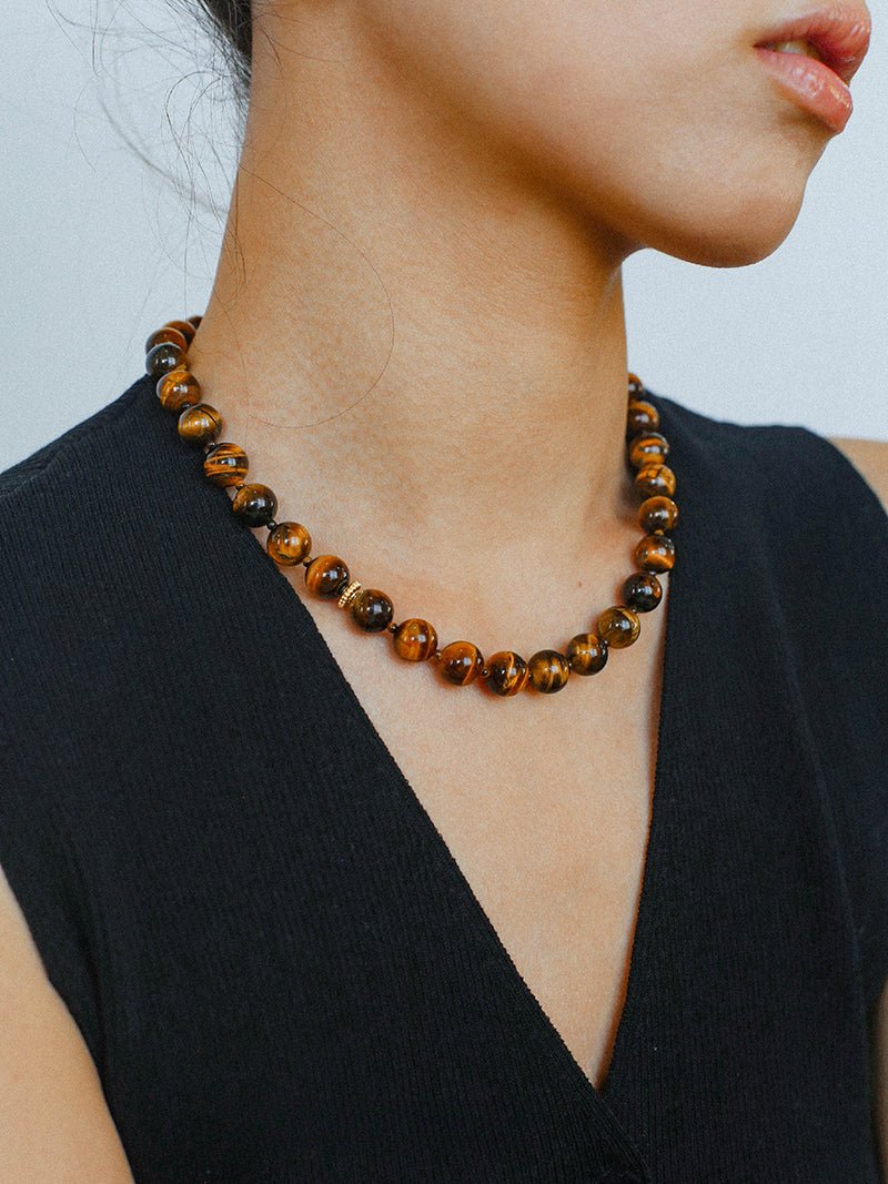 10mm Tiger's Eye Stone Beaded Necklace - floysun