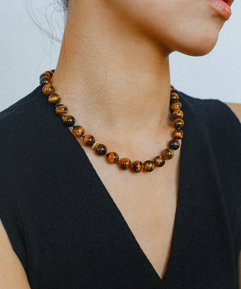 10mm Tiger's Eye Stone Beaded Necklace - floysun