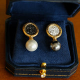 Ancient Greek Retro 925 Silver Coin Pearl Stud Earrings-Type H I