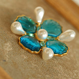 Vintage Handmade Stained Glass Pearl Petal Brooch