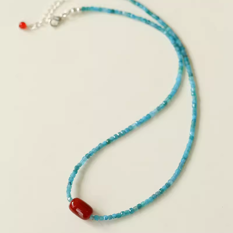 Red Onyx Splicing Blue Phosphorus Beaded Necklace