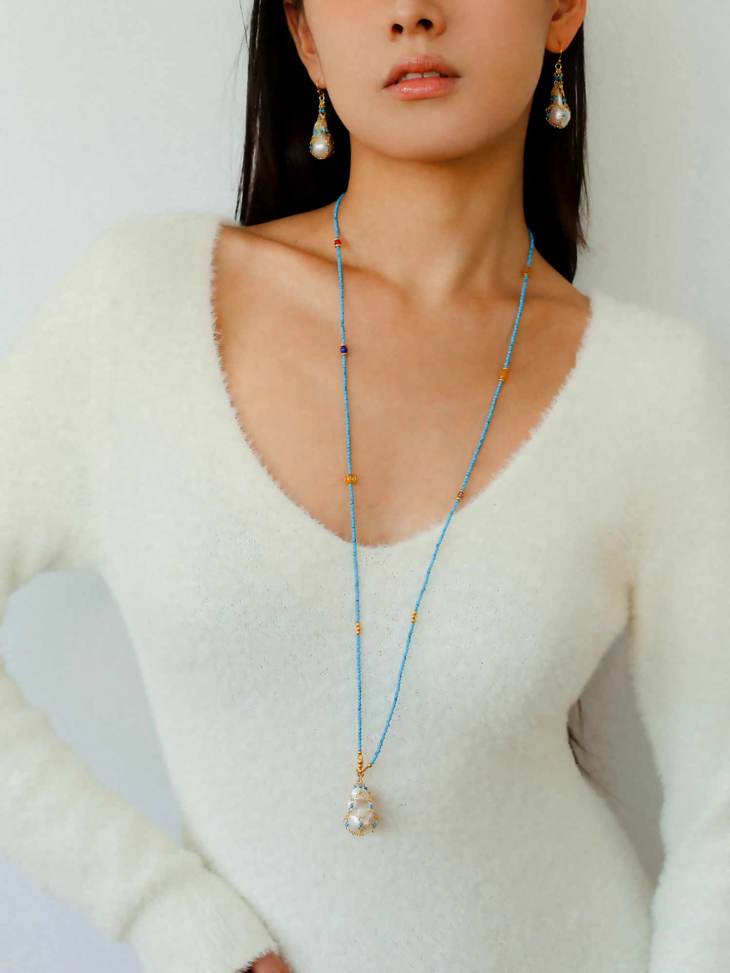 Turquoise & Baroque Pearl Pendant Net Necklace - floysun