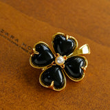 Lucky Clover Black Agate Brooch