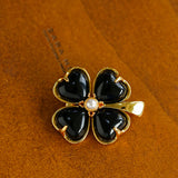 Lucky Clover Black Agate Brooch