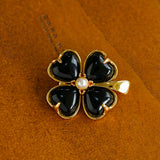 Lucky Clover Black Agate Brooch