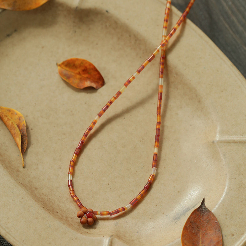 Sandalwood Floret Red Agate Speckled Stone Tube Beads Beaded Necklace