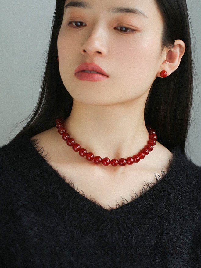 4/6/8/10/12mm Red Onyx/Agate Stone Beaded Necklaces - floysun