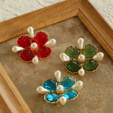 Vintage Handmade Stained Glass Pearl Petal Brooch