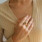 Green Gemstone Hollow Wide Face Open Ring