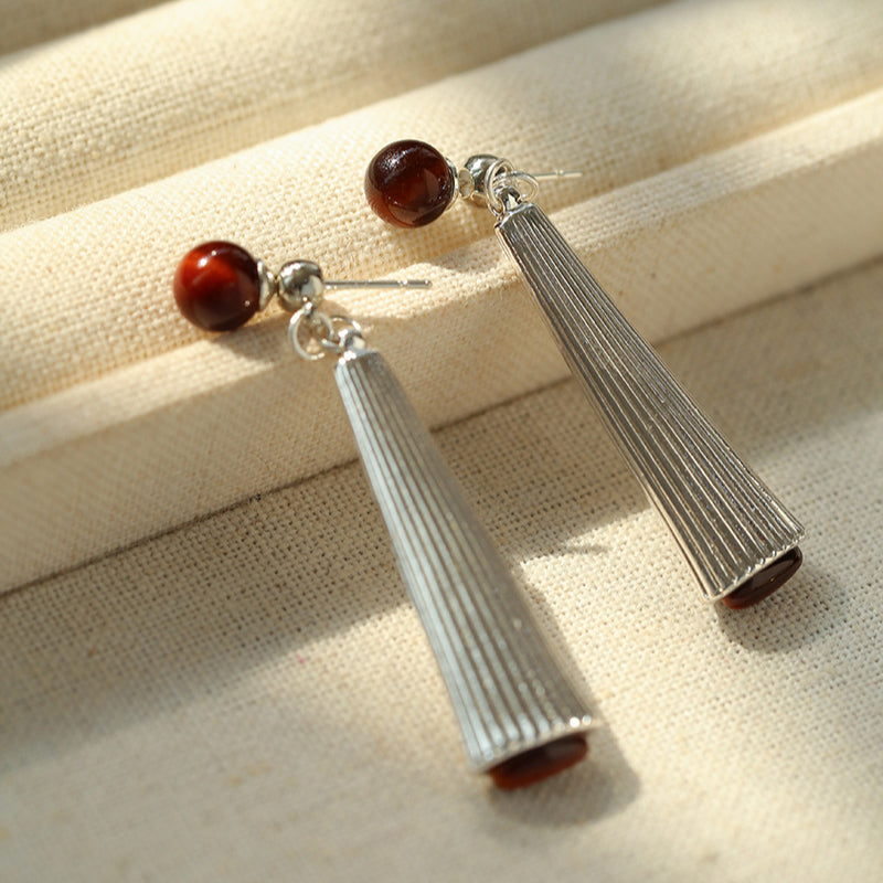 Red Tiger Eye Striped Metal Earrings