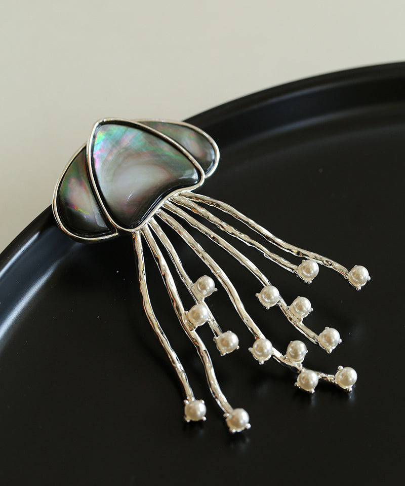 Gray & White Mother-of-pearl Glass Jellyfish Brooch