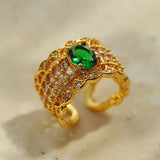 Green Gemstone Hollow Wide Face Open Ring