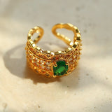 Green Gemstone Hollow Wide Face Open Ring