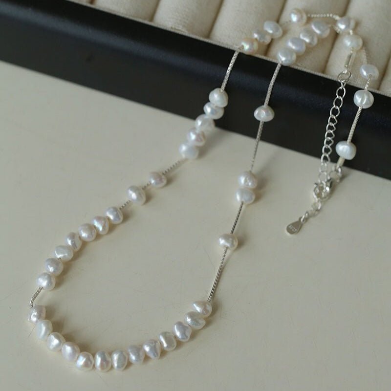 925 Silver Aurora Freshwater Pearl Chain Necklace - floysun