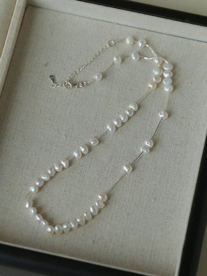 925 Silver Aurora Freshwater Pearl Chain Necklace - floysun