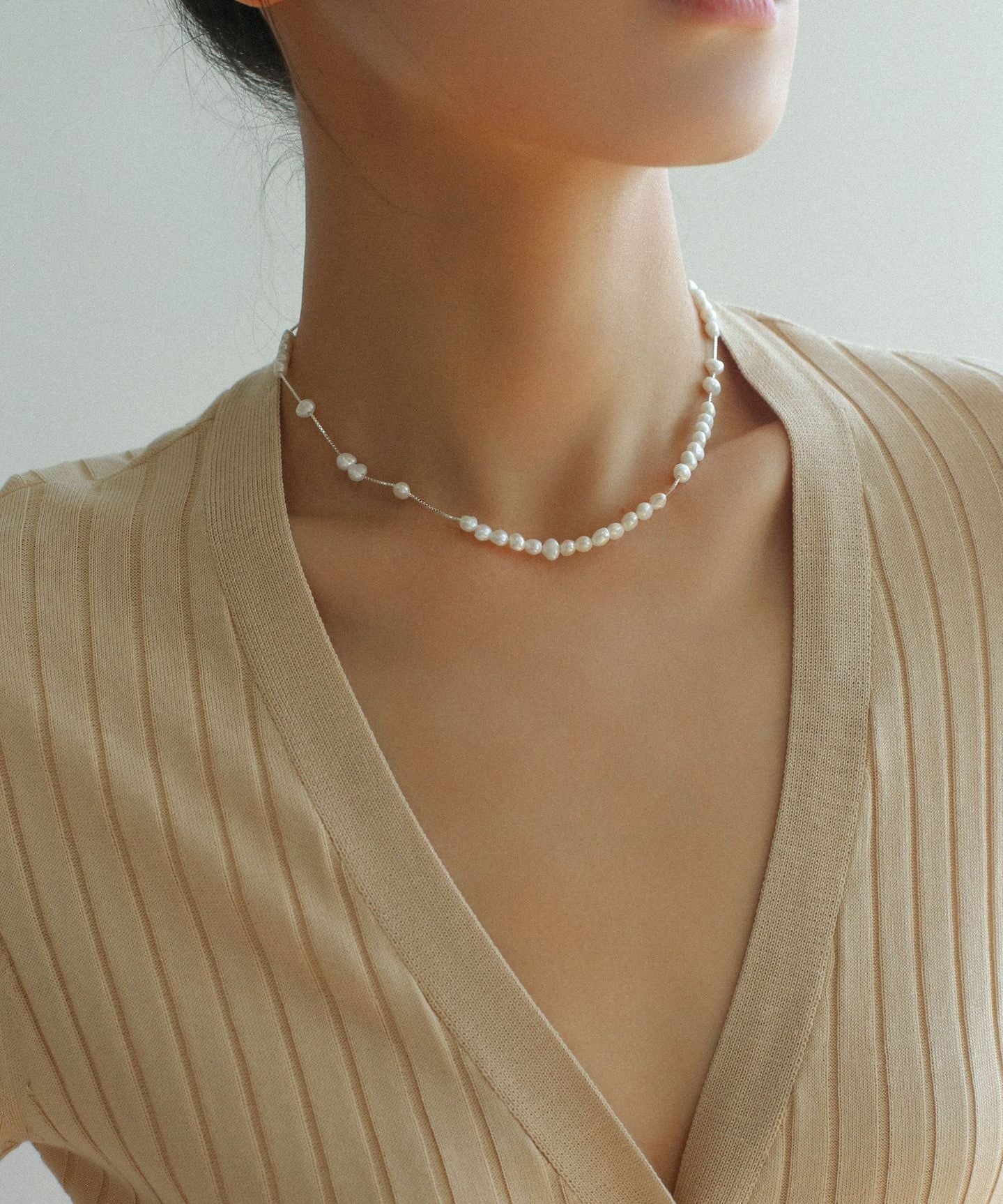 925 Silver Aurora Freshwater Pearl Chain Necklace - floysun