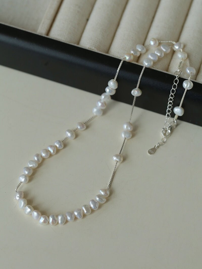 925 Silver Aurora Freshwater Pearl Chain Necklace - floysun