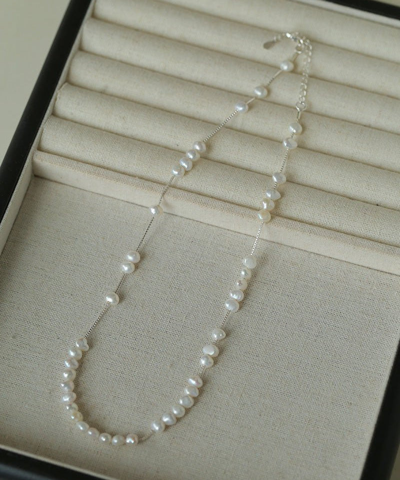 925 Silver Aurora Freshwater Pearl Chain Necklace - floysun