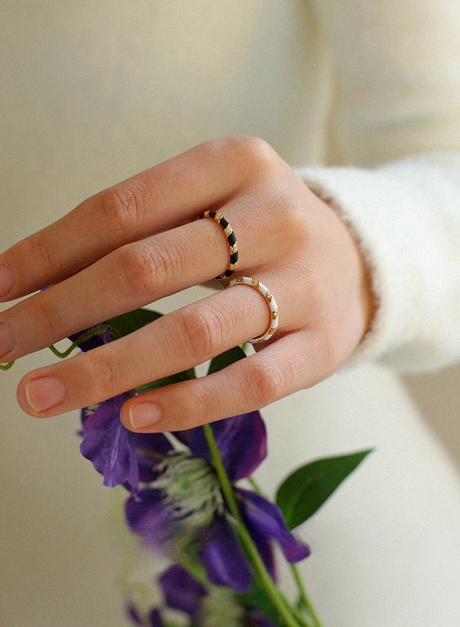 925 Silver Black and White Enamel Striped Ring - floysun