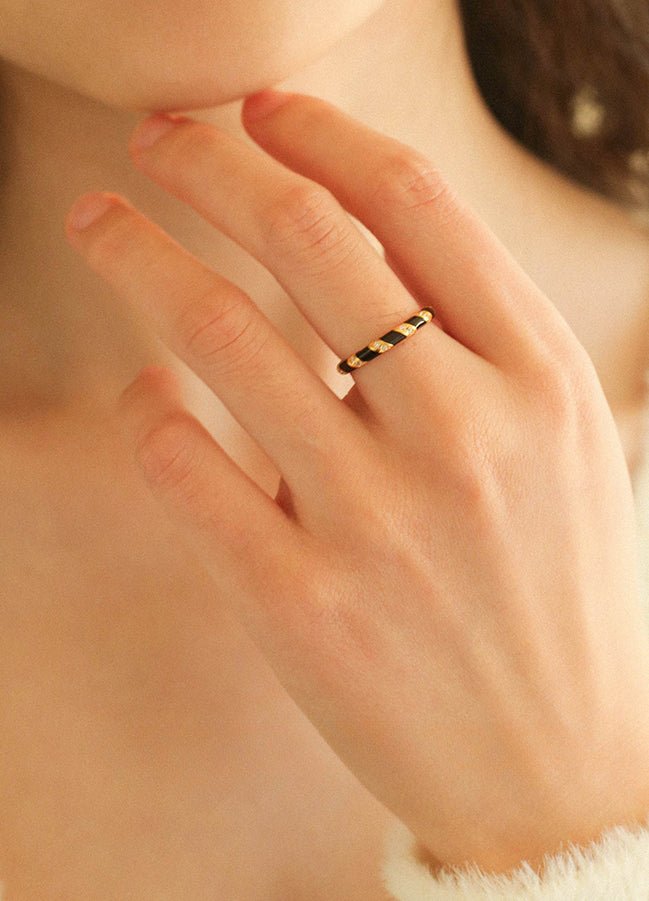 925 Silver Black and White Enamel Striped Ring - floysun