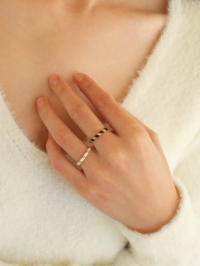 925 Silver Black and White Enamel Striped Ring - floysun