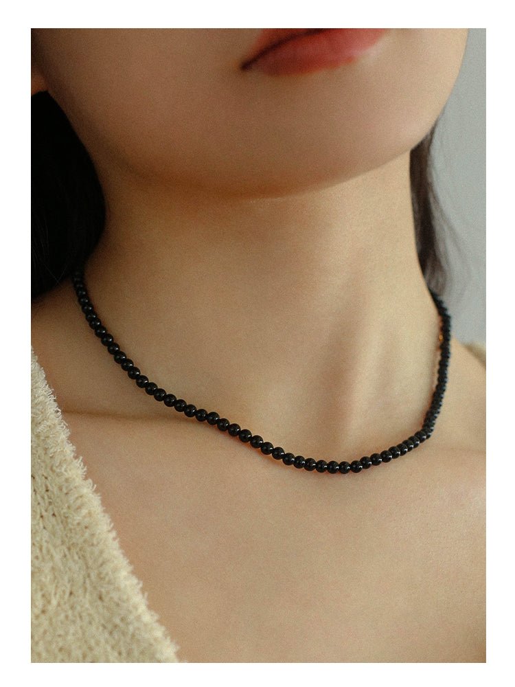 925 Silver Clasp 4mm Black Onyx Beaded Necklace - floysun