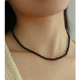 925 Silver Clasp 4mm Black Onyx Beaded Necklace - floysun