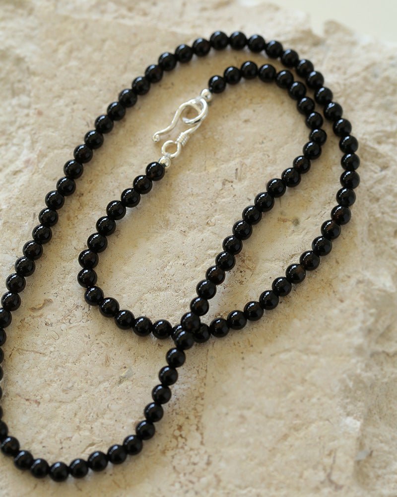 925 Silver Clasp 4mm Black Onyx Beaded Necklace - floysun