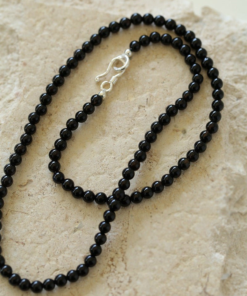 925 Silver Clasp 4mm Black Onyx Beaded Necklace - floysun