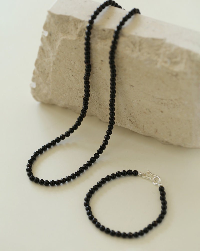 925 Silver Clasp 4mm Black Onyx Beaded Necklace - floysun