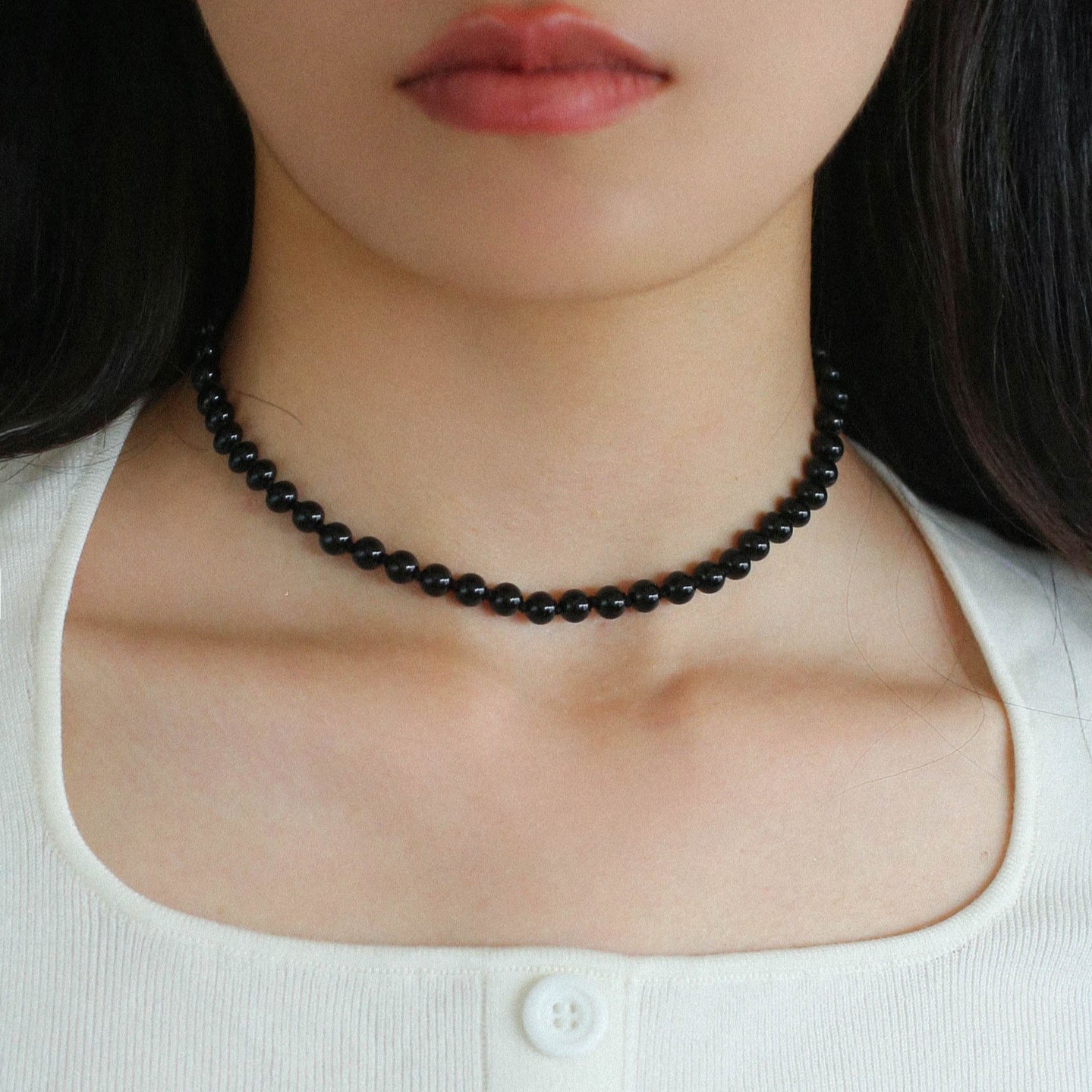 925 Silver Clasp 6mm Black Onyx Beaded Choker Necklace - floysun