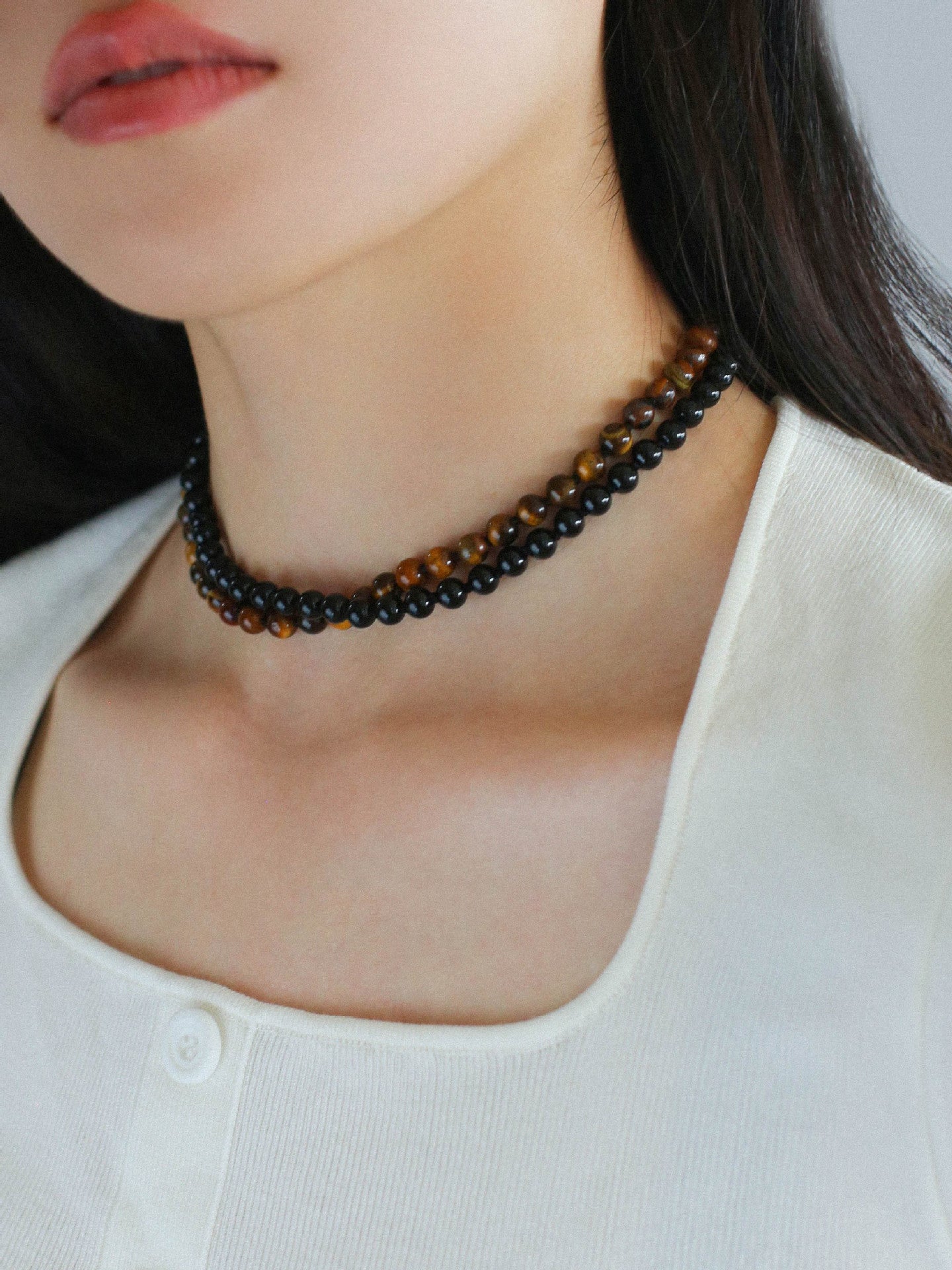 925 Silver Clasp 6mm Black Onyx Beaded Choker Necklace - floysun