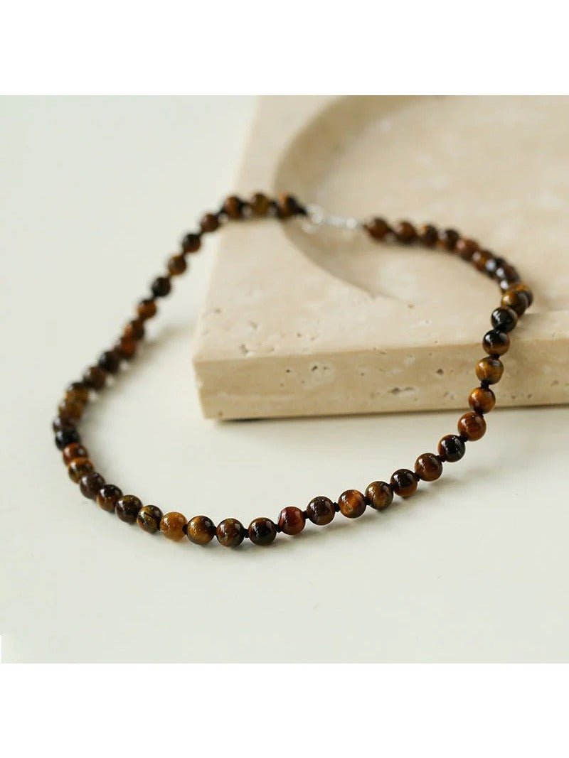 925 Silver Clasp Tiger's Eye Beaded Choker Necklace - floysun