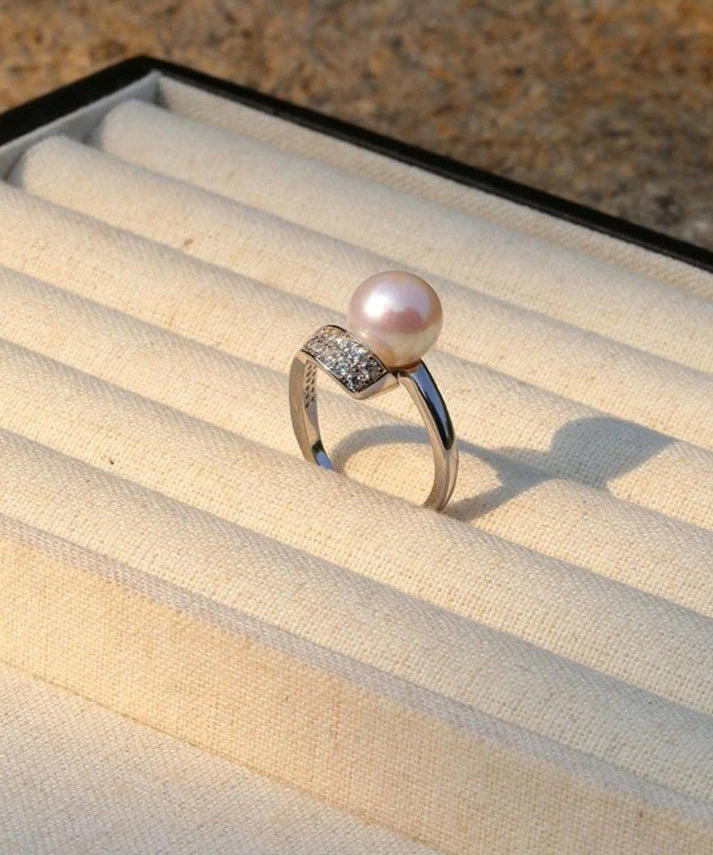 925 Silver Micro - Pave Zircon Natural Pearl Open Ring - floysun