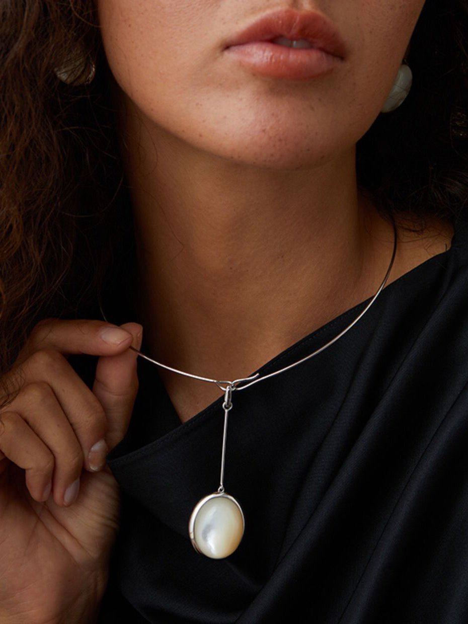 925 Silver Minimalist White Mother of Pearl Pendant Collar - floysun