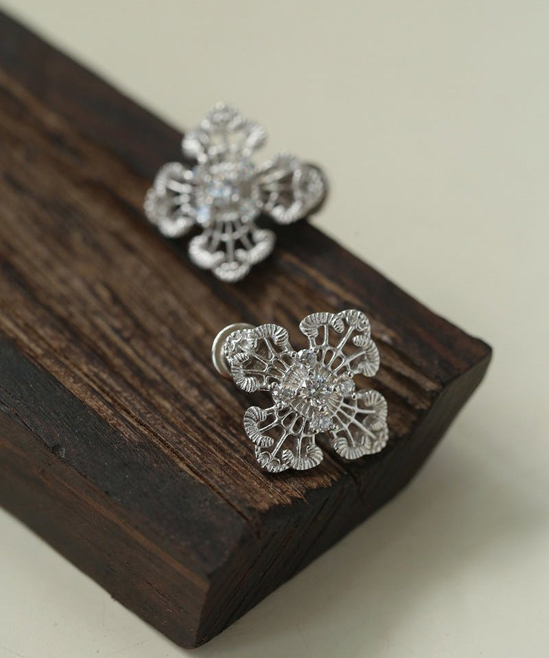 925 Silver New Hollow Lace Stud Earrings Four Leaf Clover Stud Earrings - floysun