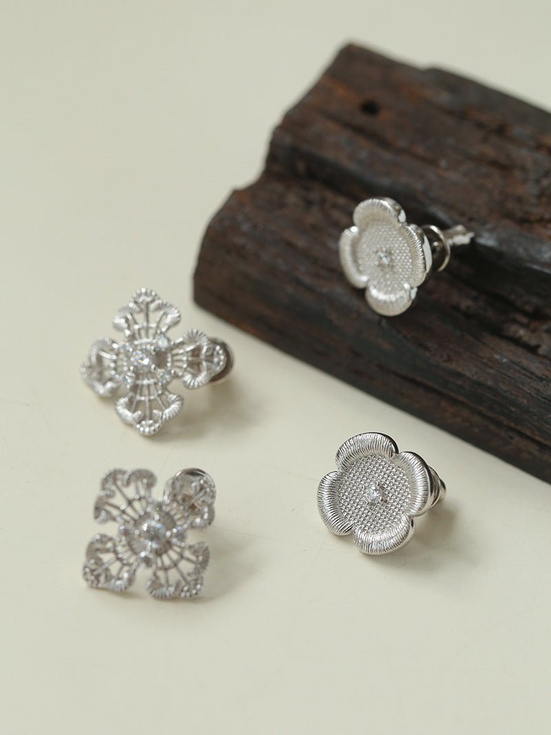 925 Silver New Hollow Lace Stud Earrings Four Leaf Clover Stud Earrings - floysun