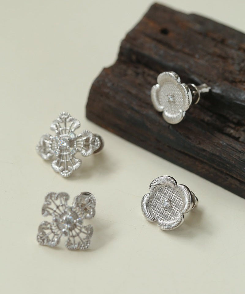 925 Silver New Hollow Lace Stud Earrings Four Leaf Clover Stud Earrings - floysun