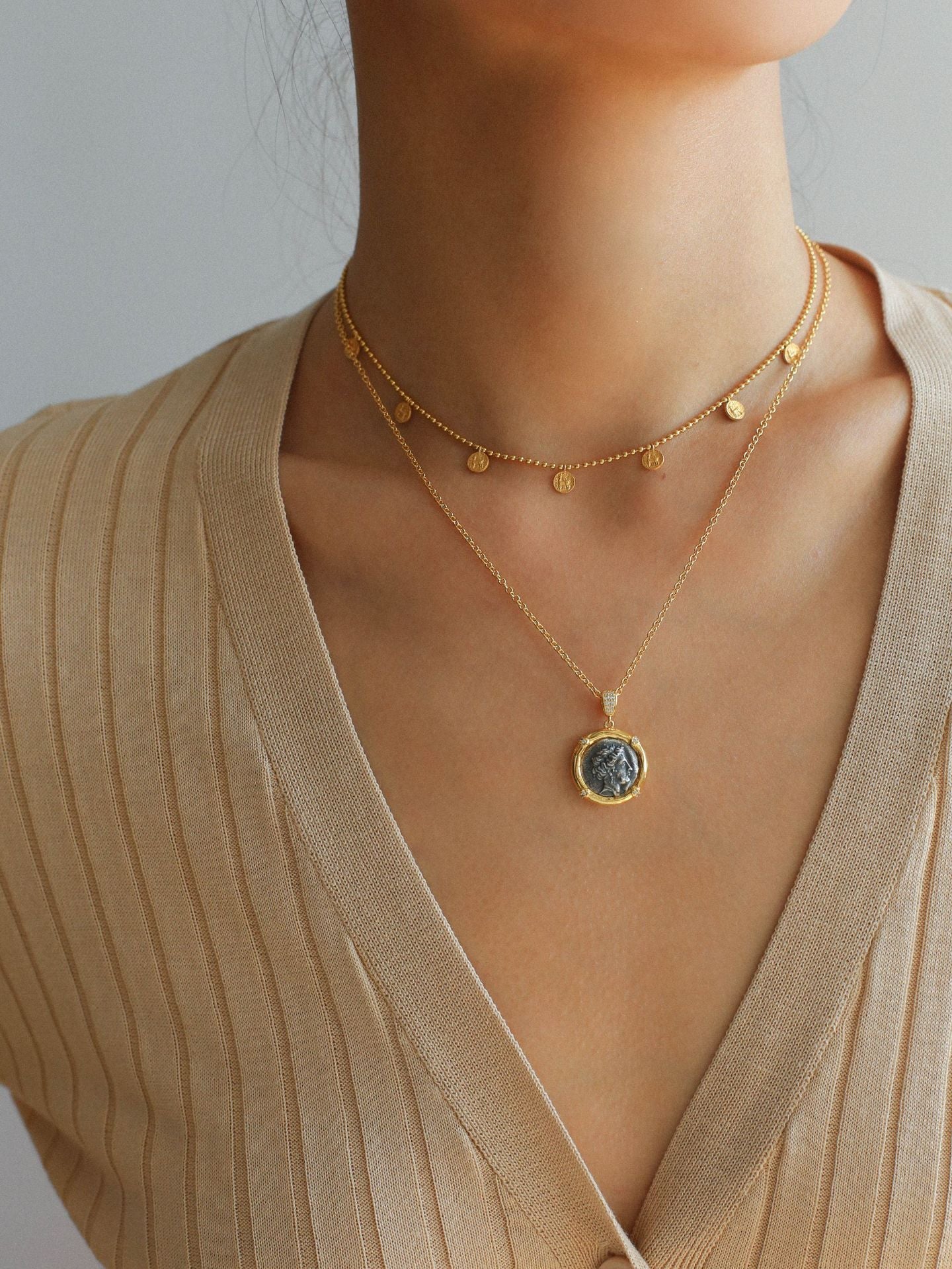 925 Silver Stacked Relief Mini Gold Coin Necklace - floysun