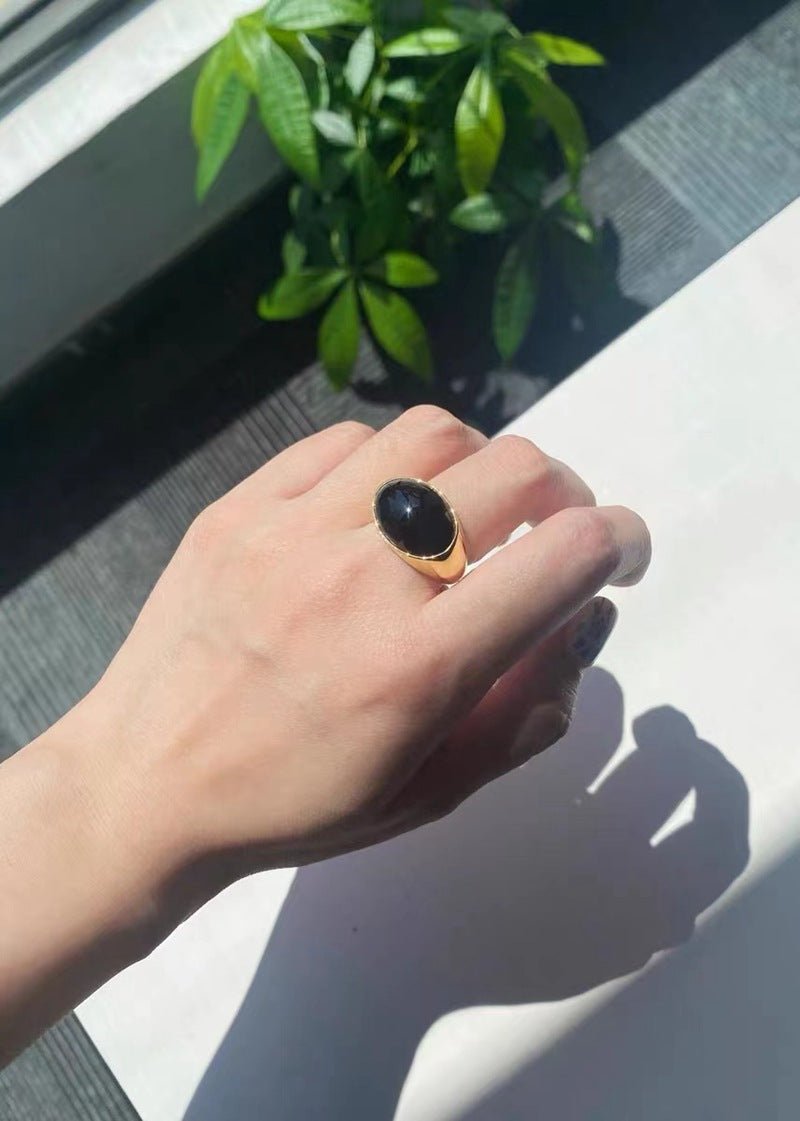 925 Sterling Silver Black Agate Oval Ring - floysun