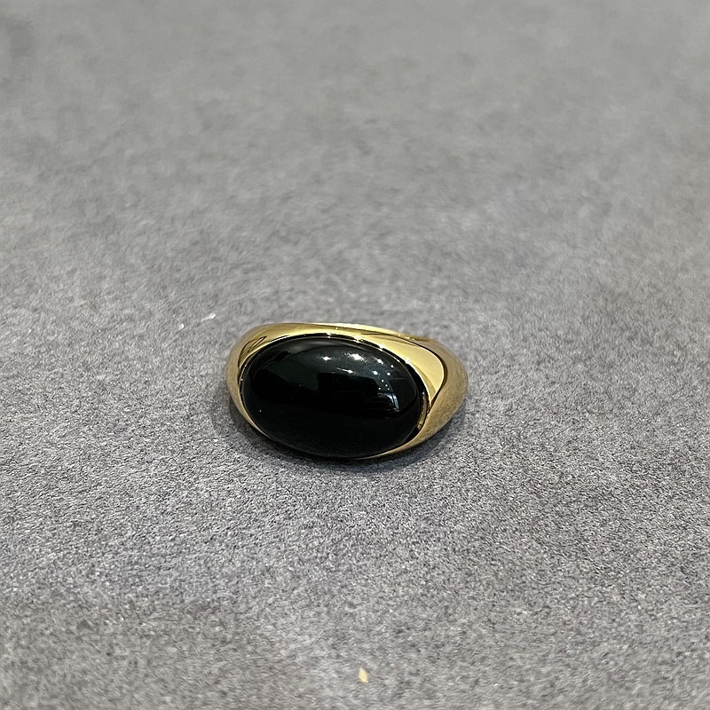 925 Sterling Silver Black Agate Oval Ring - floysun