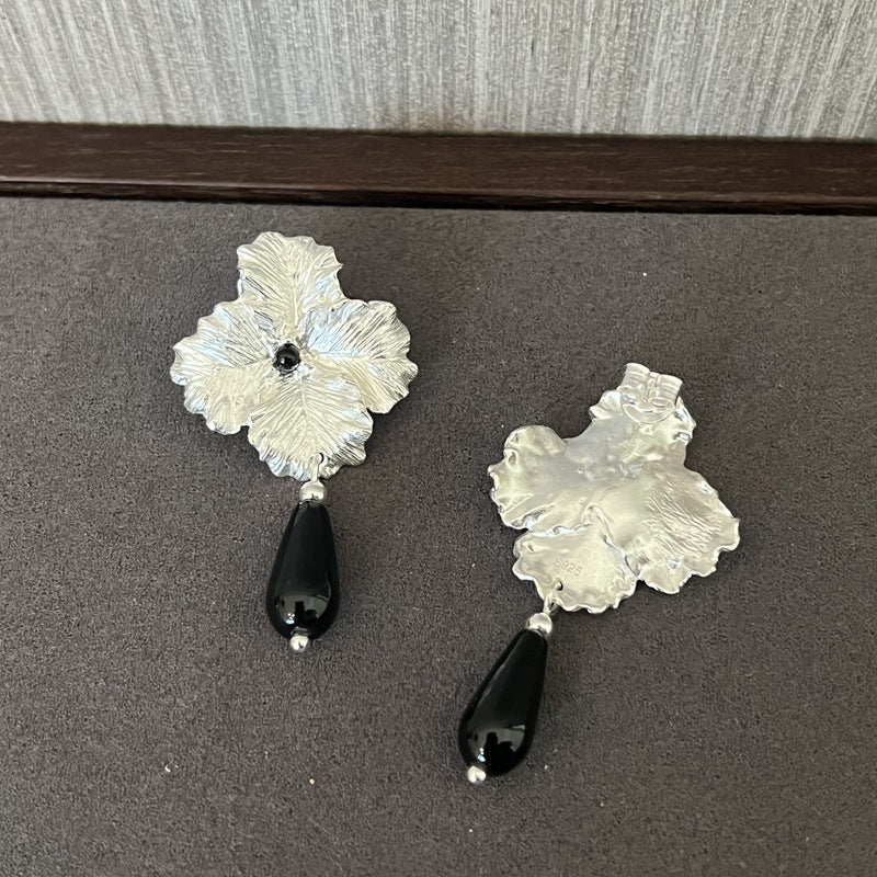 925 Sterling Silver Flower Drop Black Agate Earrings - floysun