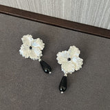 925 Sterling Silver Flower Drop Black Agate Earrings - floysun