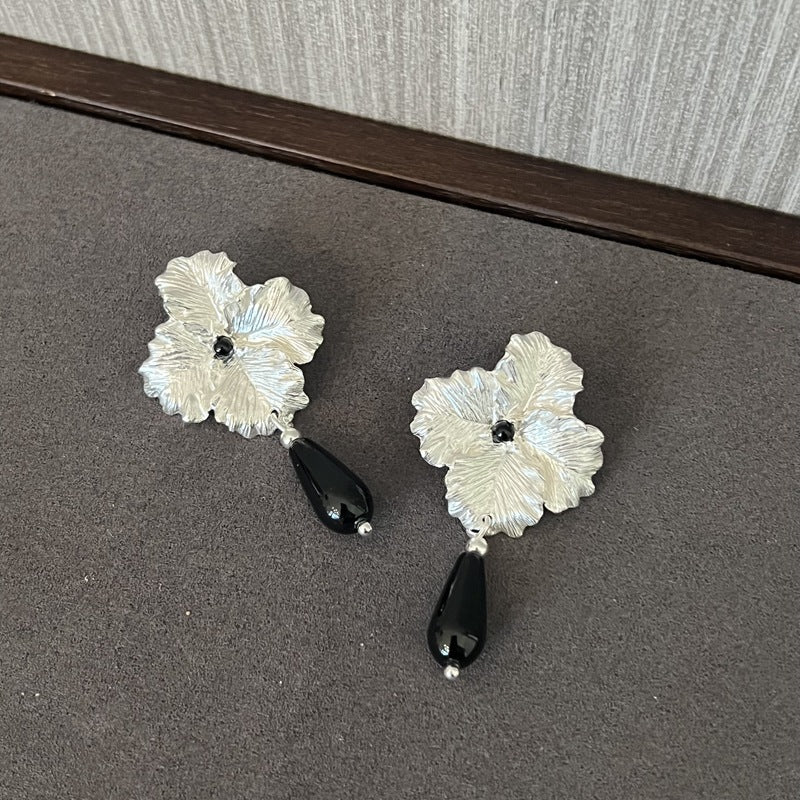 925 Sterling Silver Flower Drop Black Agate Earrings - floysun