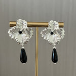 925 Sterling Silver Flower Drop Black Agate Earrings - floysun