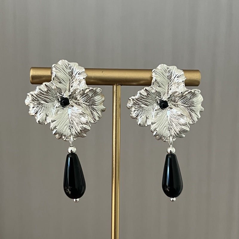 925 Sterling Silver Flower Drop Black Agate Earrings - floysun